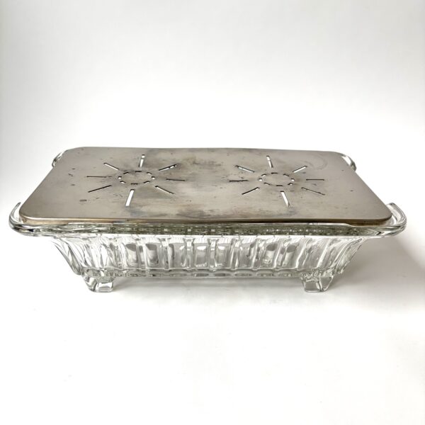 Rechaud van glas met een RVS warmhoudplateau (1) Vintage rechthoekige Frans glazen Rechaud met een RVS warmhoutplateau