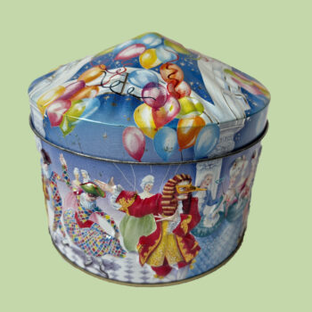 Vintage ronde toffee blik/trommel gemaskerd bal met reliëf uit 1996