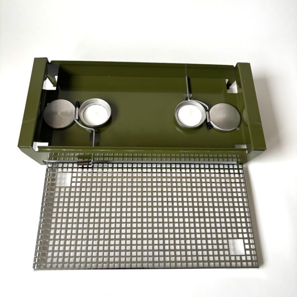 Warmhoudplaat - rechaud Brabantia - 2 pits - olijfgroen - afm. 34x15,5x6,5 cm (3) Vintage 2 pits warmhoudplaat/rechaud van Brabantia in een mooie olijfgroene kleur