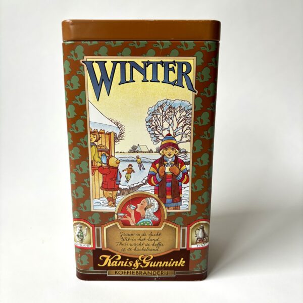 Blik Kanis & Gunnink 4 seizoenen winter - lente - zomer - herfst afm. 21x11,5x9 cm (1) Vintage blik koffie Kanis & Gunnink vier seizoenen