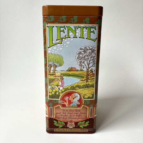 Blik Kanis & Gunnink 4 seizoenen winter - lente - zomer - herfst afm. 21x11,5x9 cm (2) Vintage blik koffie Kanis & Gunnink vier seizoenen