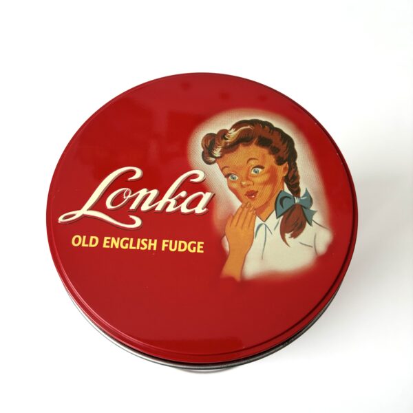 Retro kleurrijke decoratieve blik van Lonka Old English Fudge
