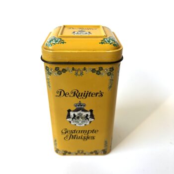 Vintage okergeel blik van de Ruijter’s voor Gestampte Muisjes uit de jaren 70
