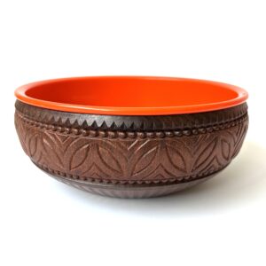 Vintage kunststof snackschaal van Emsa met een oranje binnenzijde en een houtlook buitenkant uit de jaren 70