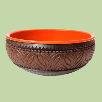 Vintage kunststof snackschaal van Emsa met een oranje binnenzijde en een houtlook buitenkant uit de jaren 70