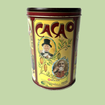 Vintage blik Cacao van Van Houten met nostalgische afbeeldingen, van Houten’s Sammeldose uit 1980