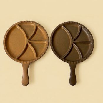Vintage zware fondueborden van Original Gerzit Germany met handvat in 2 kleuren, beige en bruin