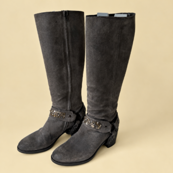 Vintage hoge Vero Cuoio grijze nubuck laarzen met een biker- of westernstijl accent, gekenmerkt door een decoratieve band rond de enkel met strass-steentjes, made in Italy